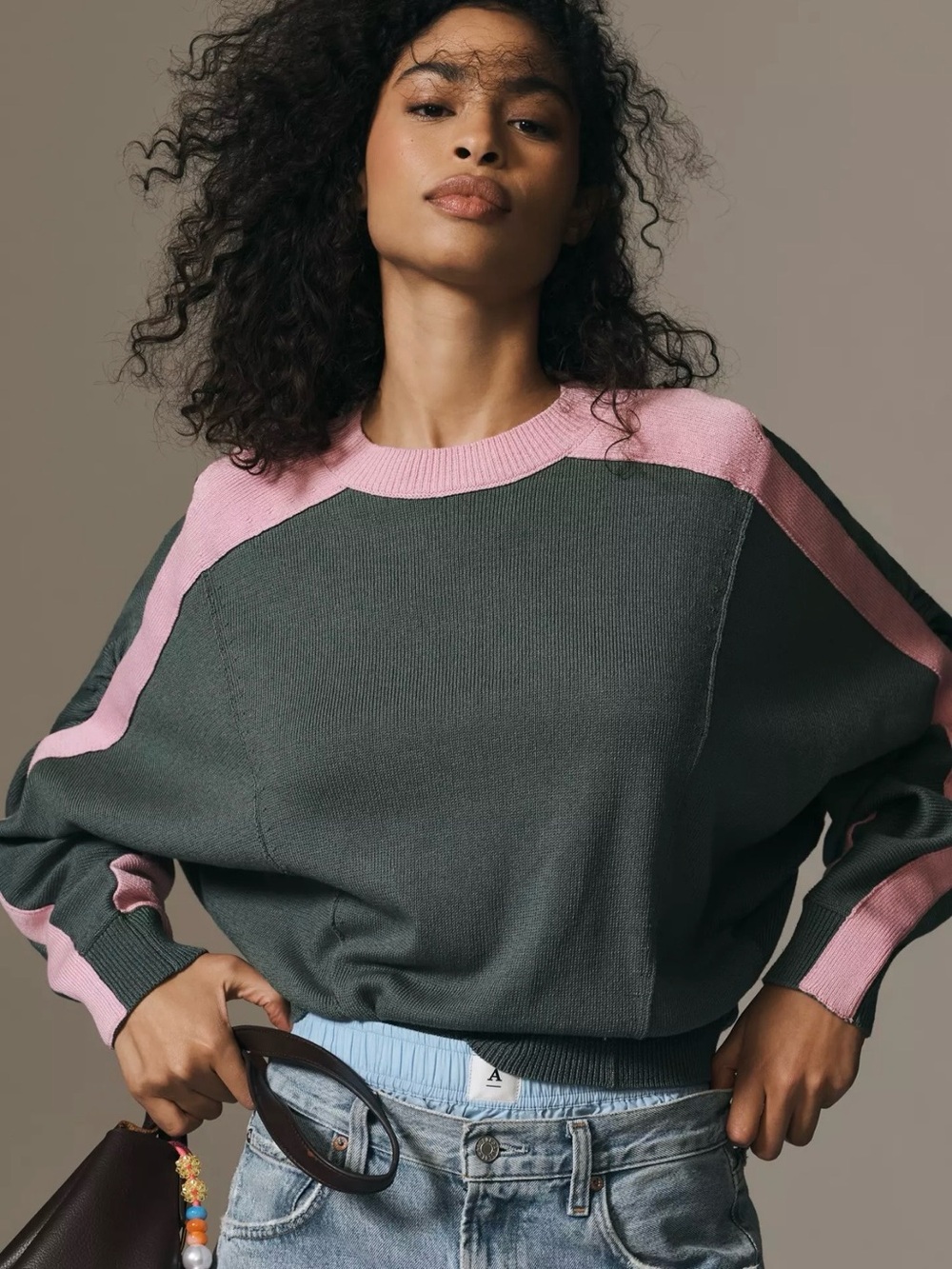 Maeve Dolman Sleeve Sweater Green Pink Colorblock Stripe